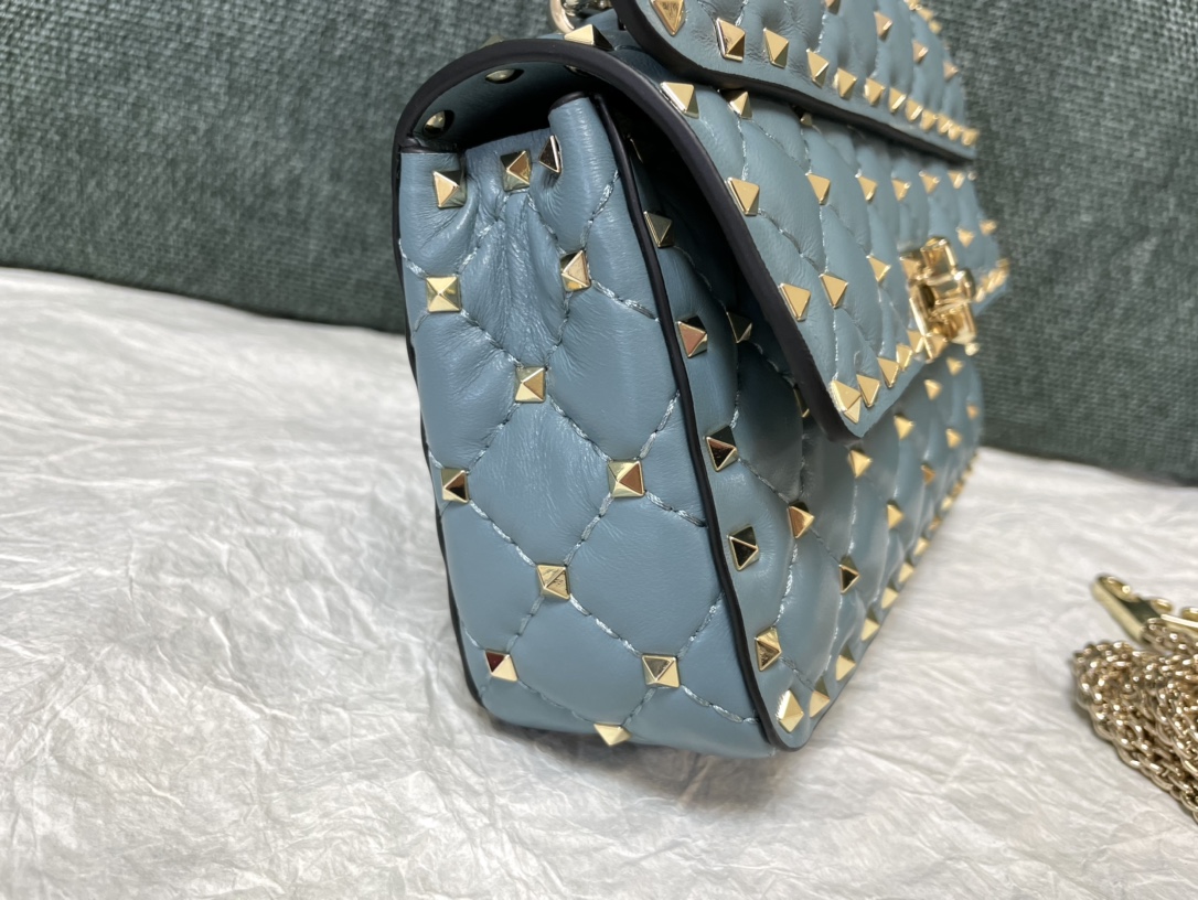 Valentino Garavani Rockstud Spike Small Chain Bag in Porcelain Blue Supple Lambskin Nappa